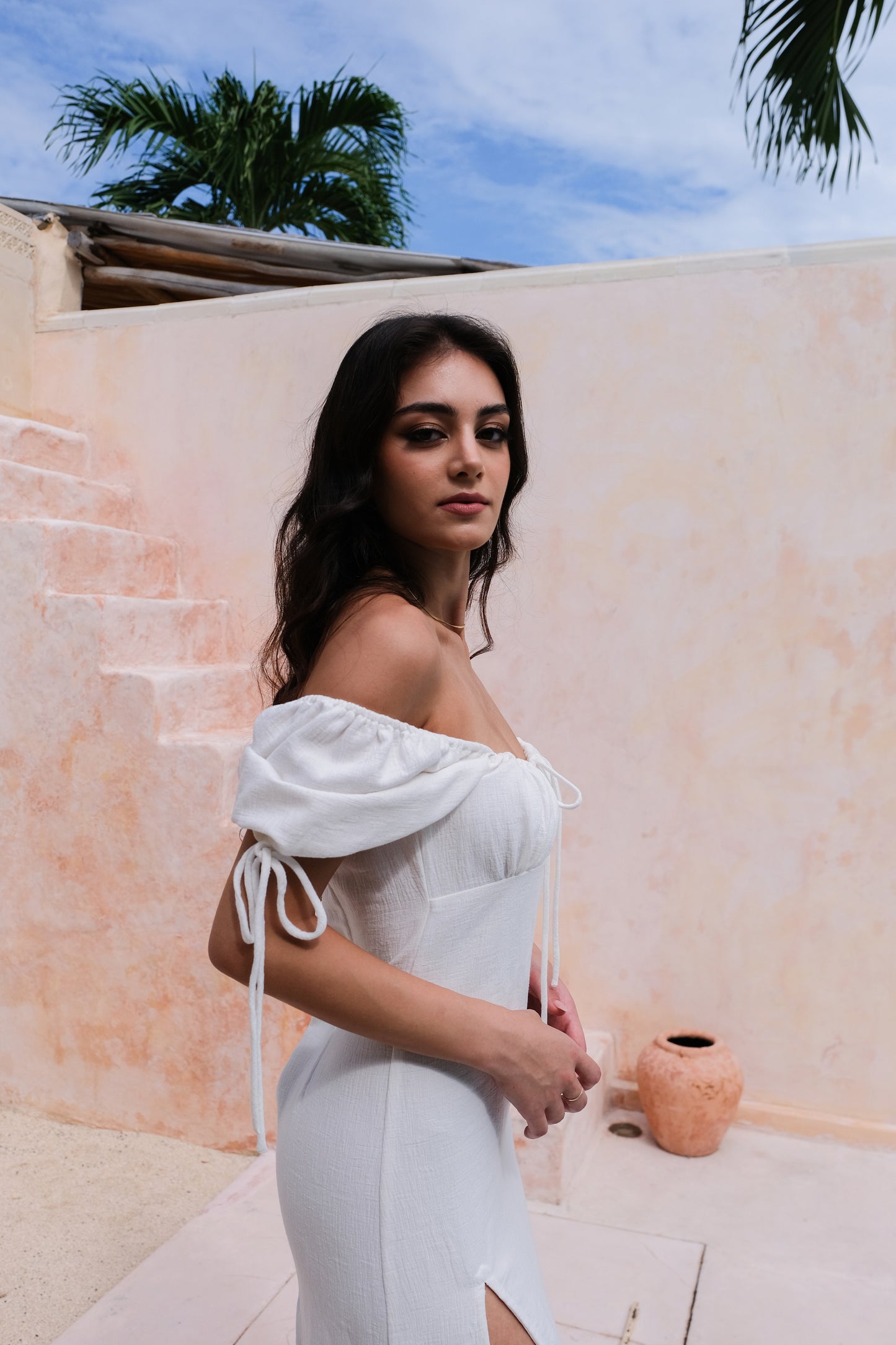 Bianca Resort Wear Off-Shoulder Cotton-Linen White Midi Dress