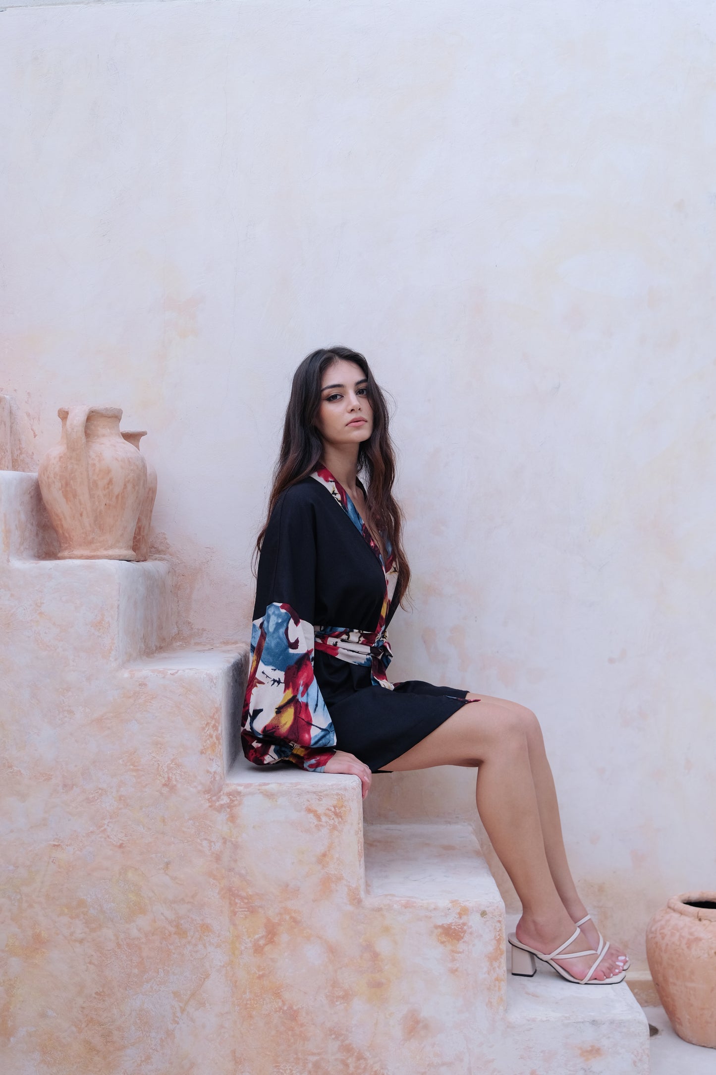 Flores Puff Sleeve Kimono in Blue/Red