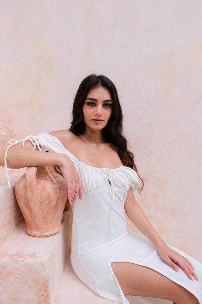 Bianca Resort Wear Off-Shoulder Cotton-Linen White Midi Dress
