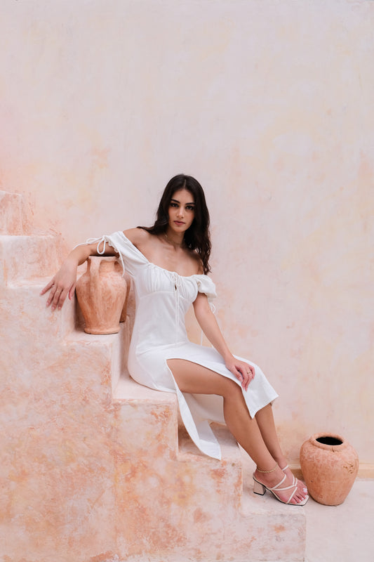 Bianca Resort Wear Off-Shoulder Cotton-Linen White Midi Dress