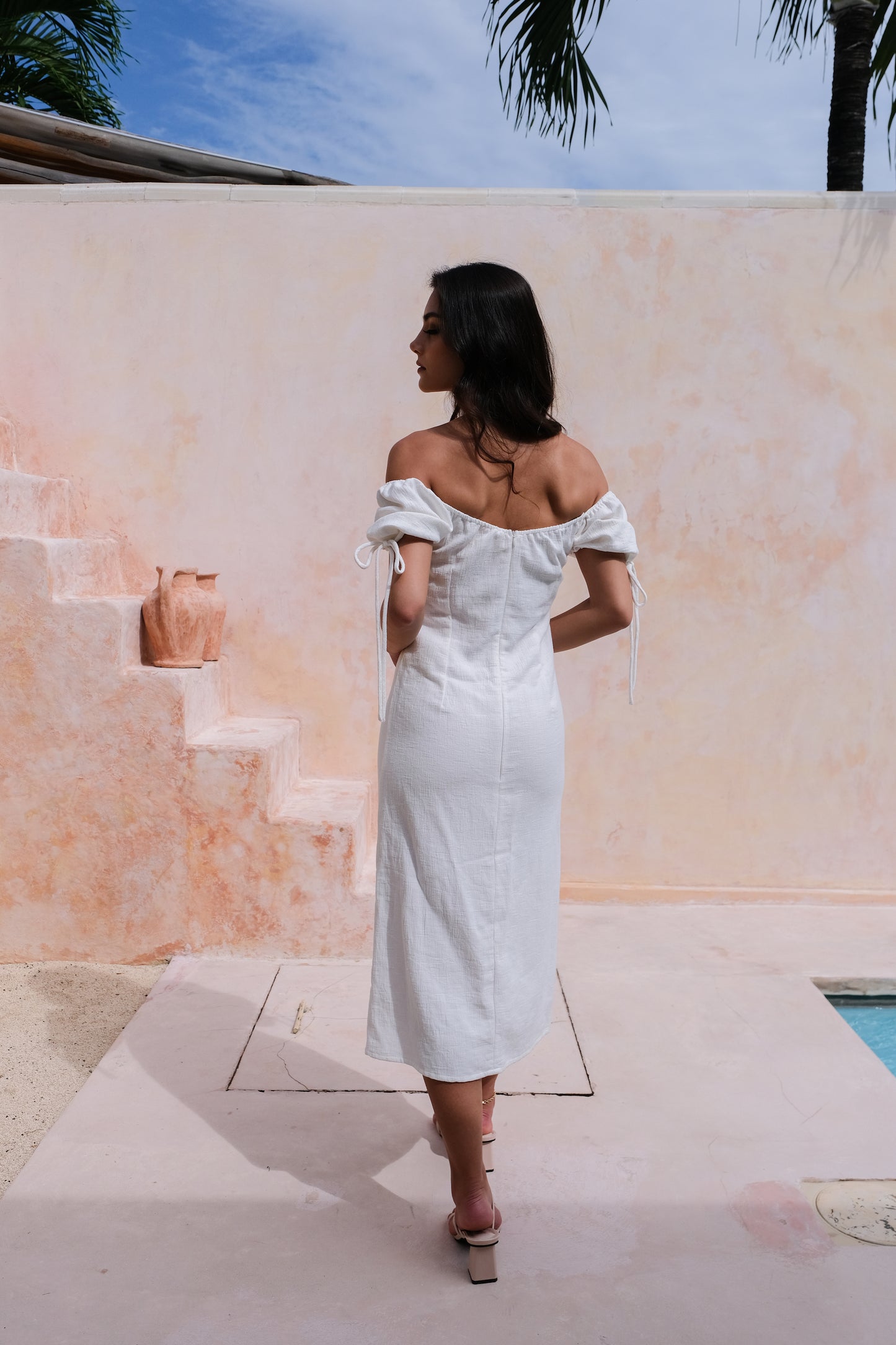 Bianca Resort Wear Off-Shoulder Cotton-Linen White Midi Dress