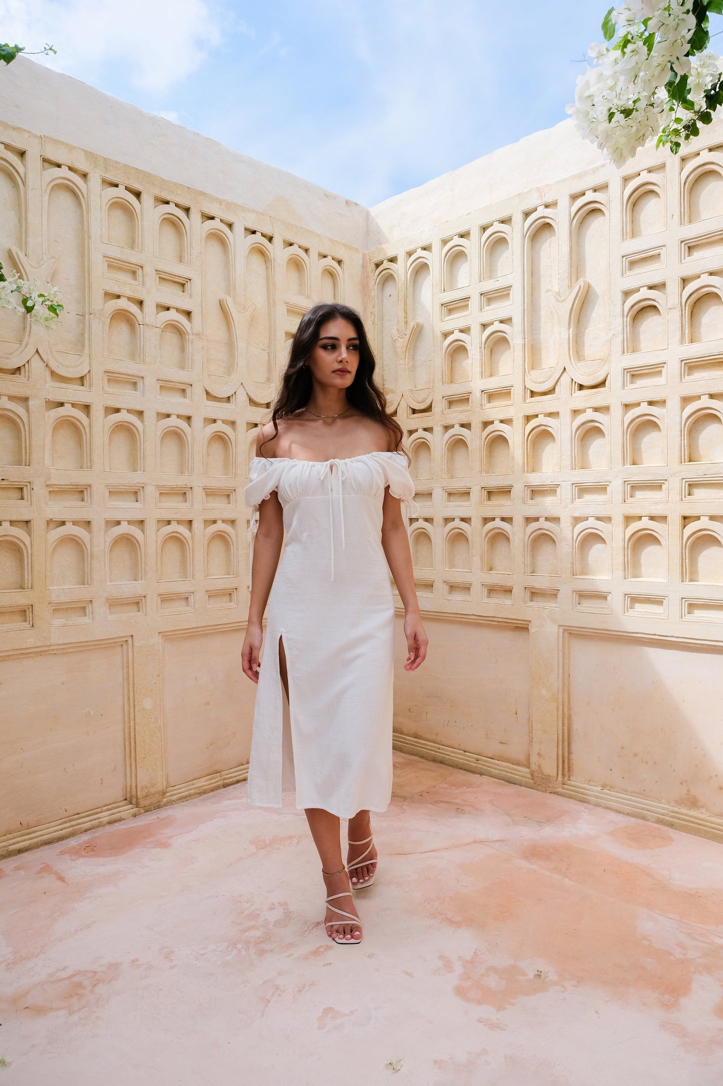 Bianca Resort Wear Off-Shoulder Cotton-Linen White Midi Dress
