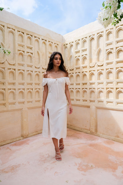 Bianca Resort Wear Off-Shoulder Cotton-Linen White Midi Dress