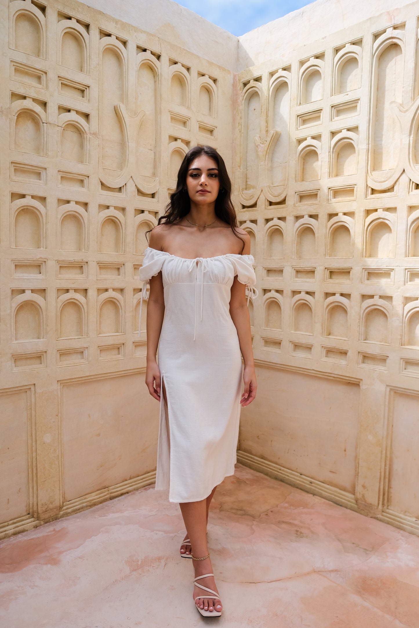 Bianca Resort Wear Off-Shoulder Cotton-Linen White Midi Dress