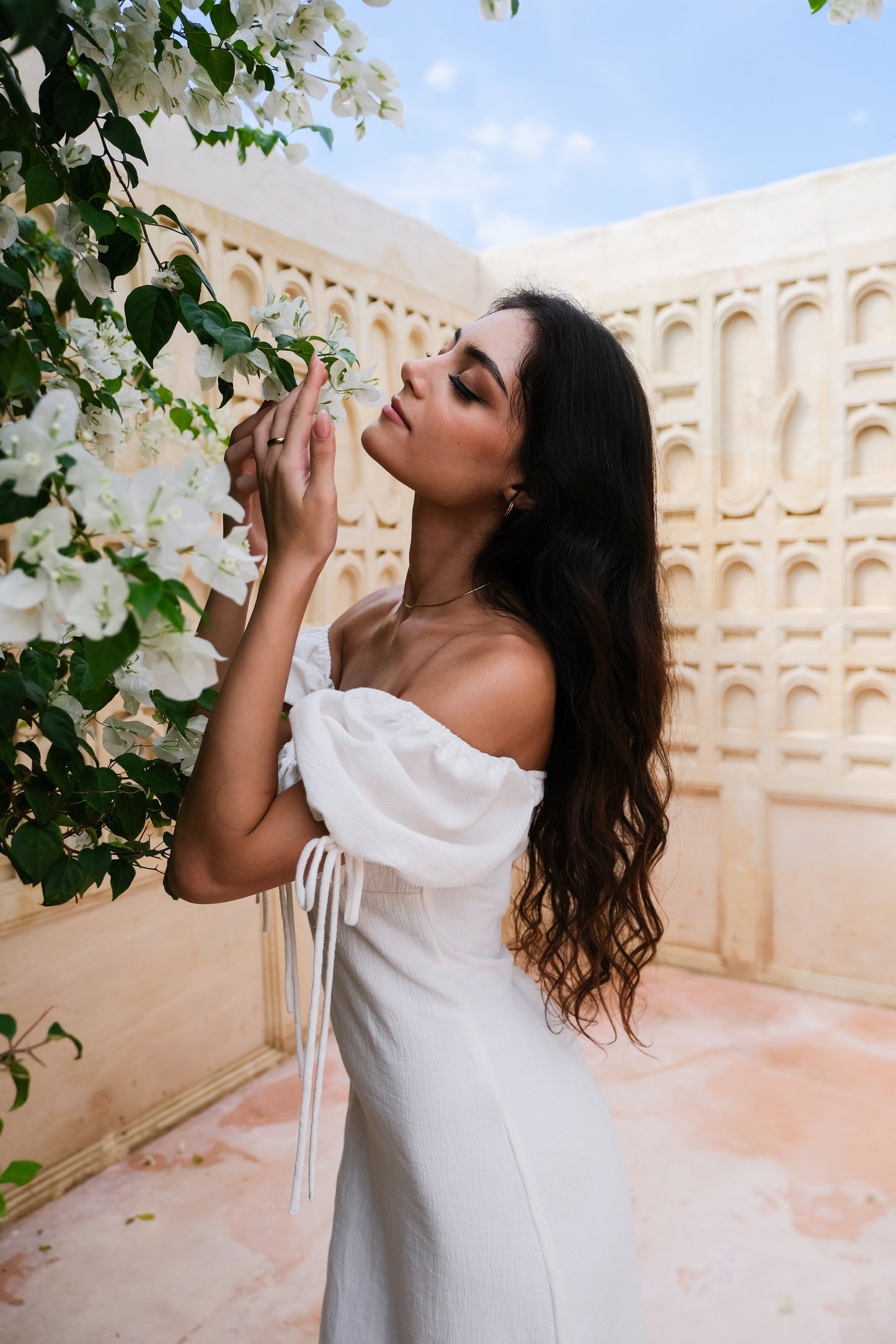 Bianca Resort Wear Off-Shoulder Cotton-Linen White Midi Dress