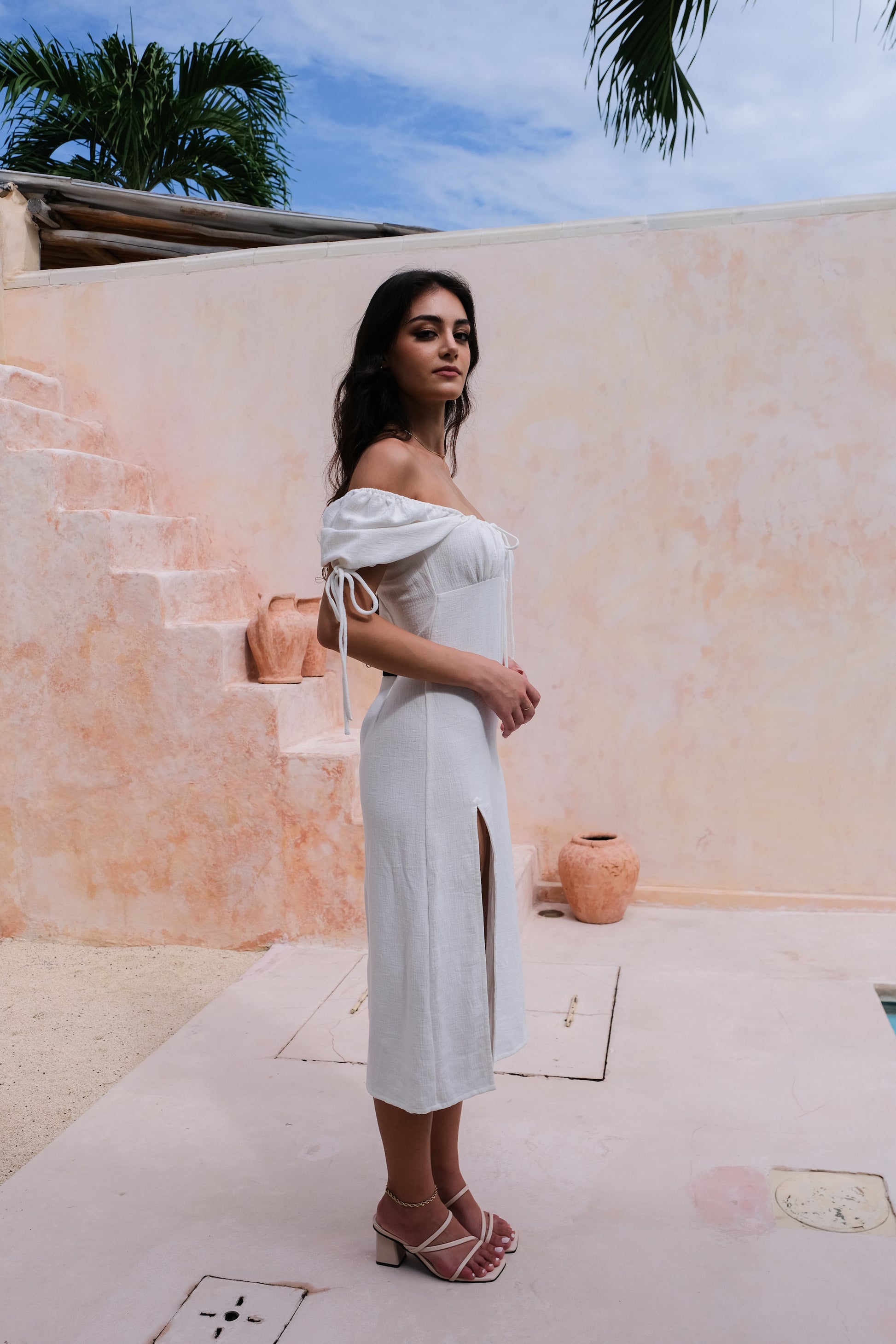 Bianca Resort Wear Off-Shoulder Cotton-Linen White Midi Dress
