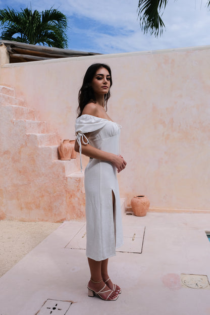 Bianca Resort Wear Off-Shoulder Cotton-Linen White Midi Dress