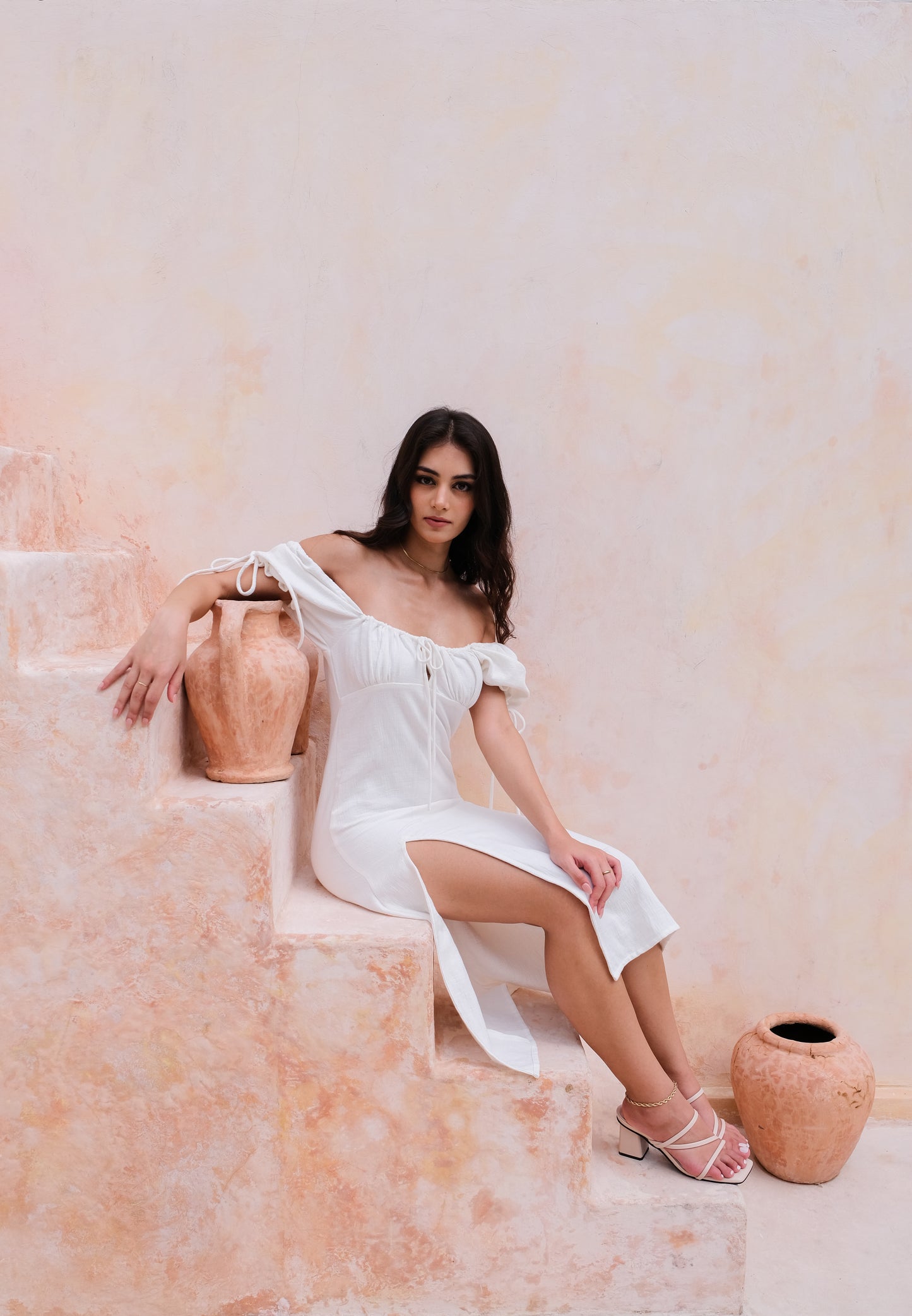 Bianca Resort Wear Off-Shoulder Cotton-Linen White Midi Dress