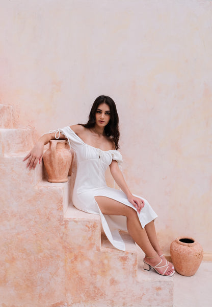 Bianca Resort Wear Off-Shoulder Cotton-Linen White Midi Dress