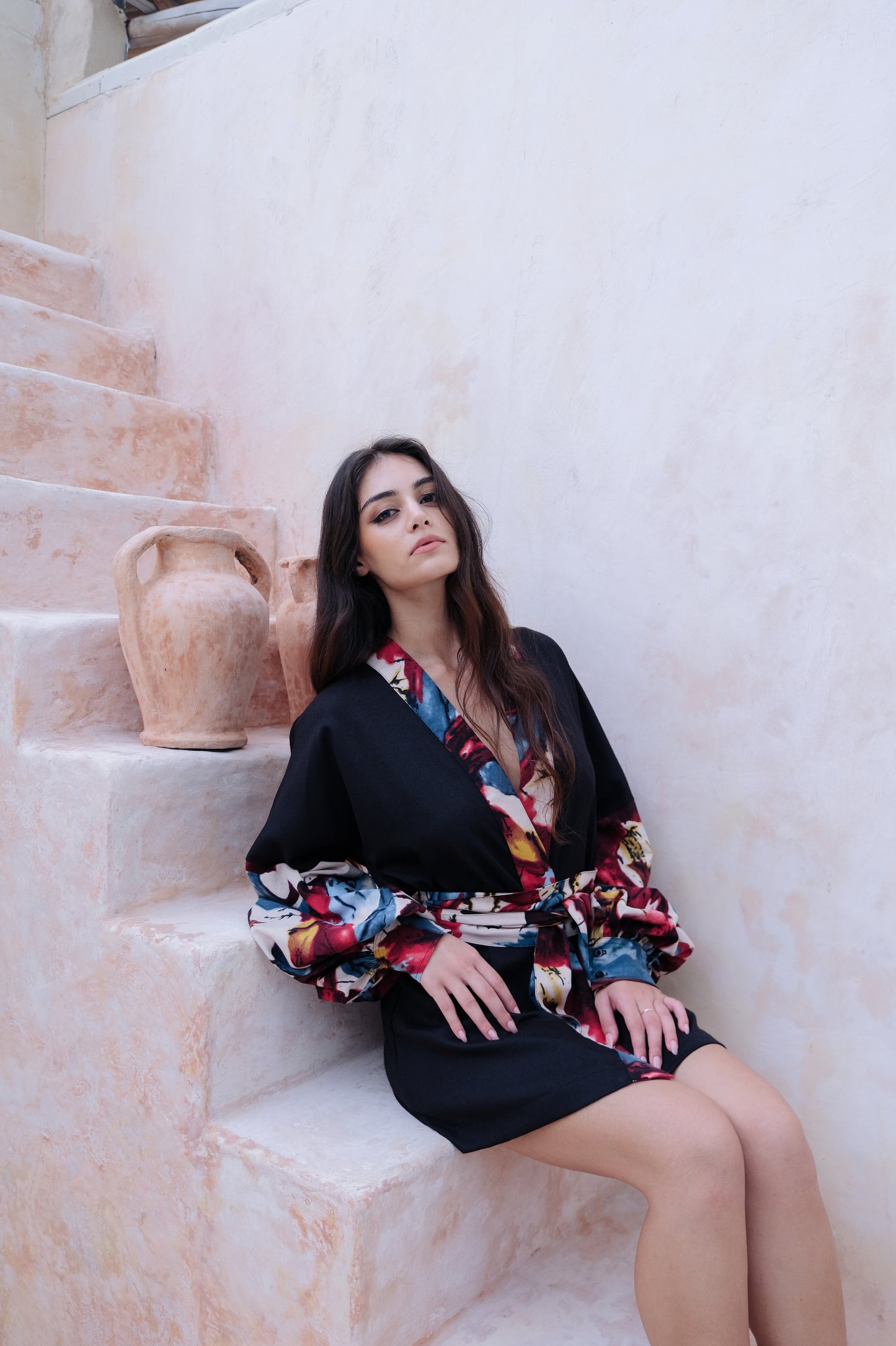 Flores Puff Sleeve Kimono in Blue/Red