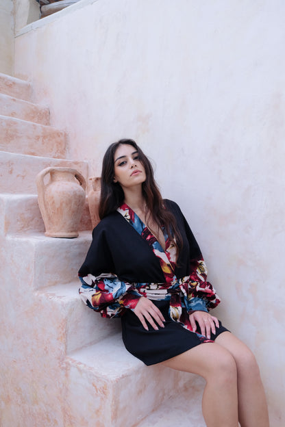 Flores Puff Sleeve Kimono in Blue/Red