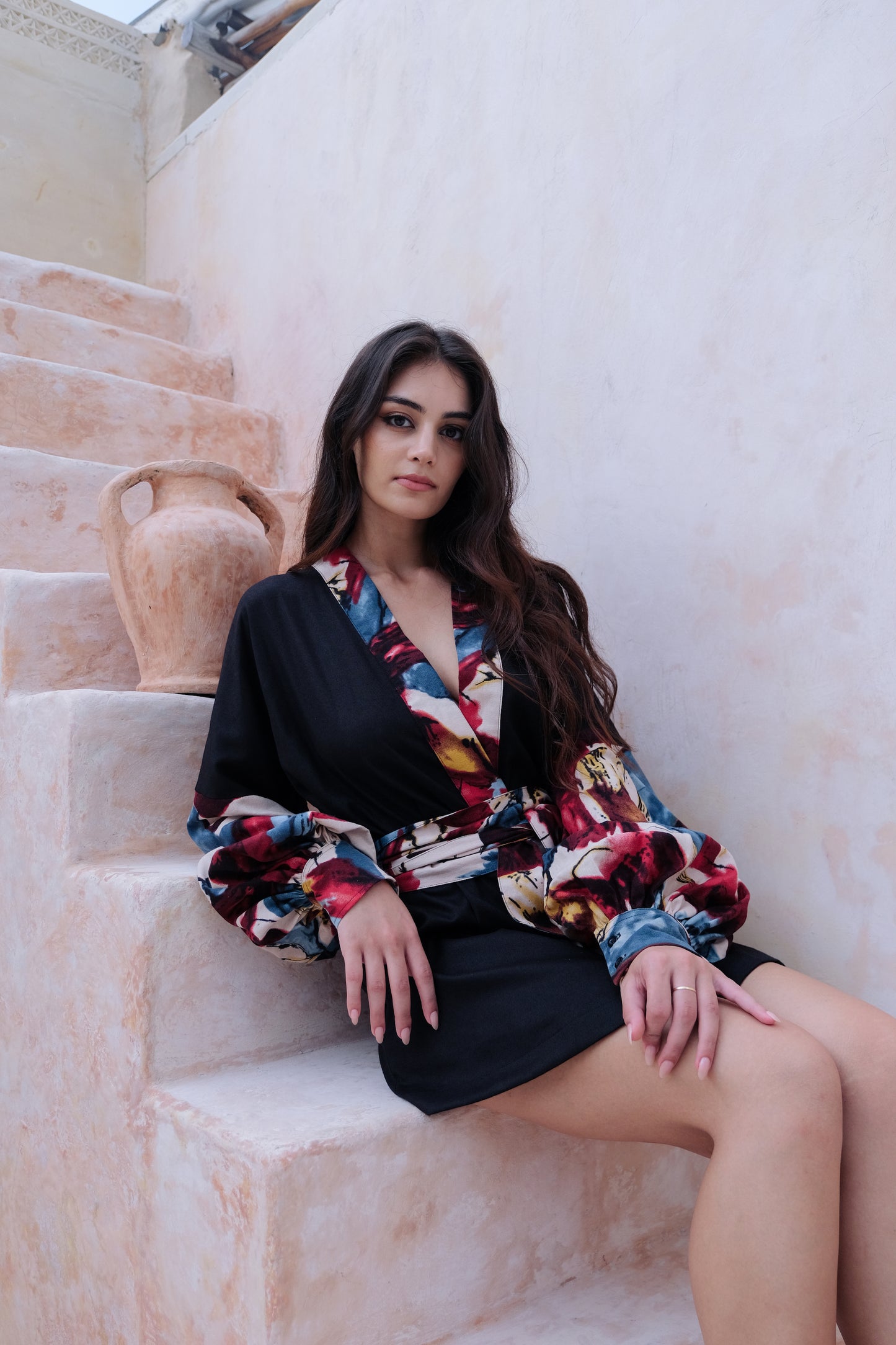 Flores Puff Sleeve Kimono in Blue/Red