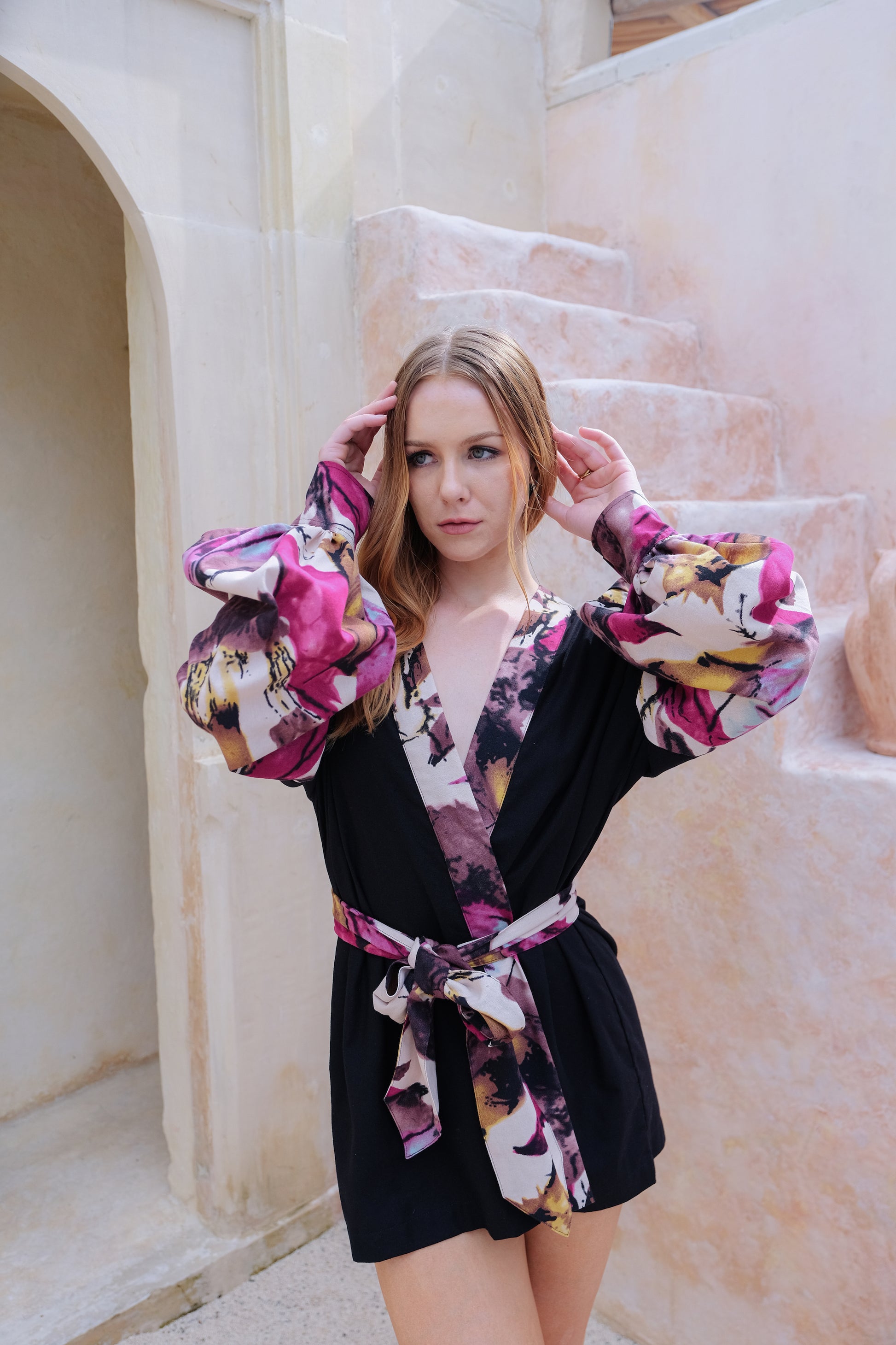 Flores Puff Sleeve Kimono in Pink