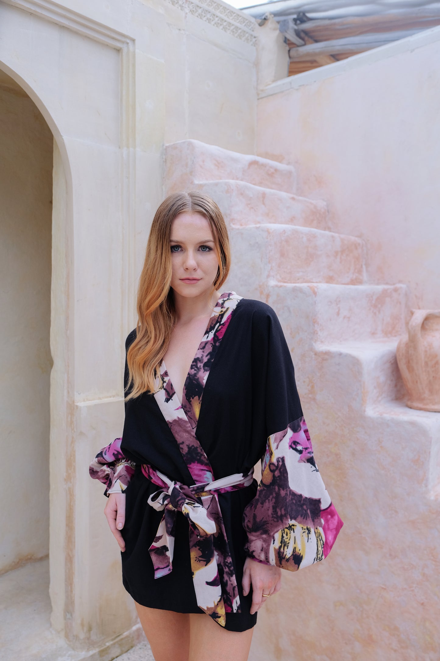 Flores Puff Sleeve Kimono in Pink