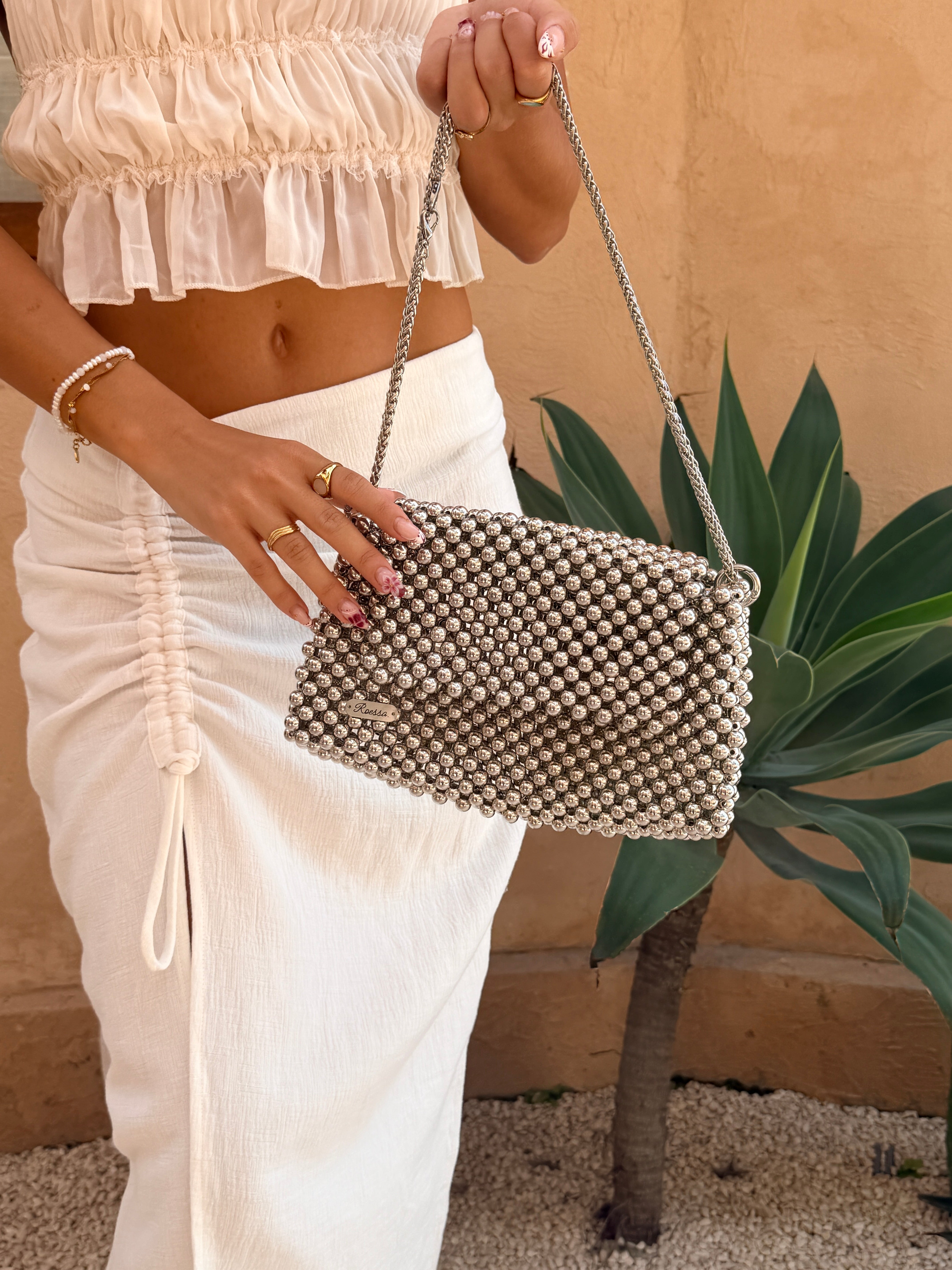 Josie Handmade Bead Bag in Silver-5